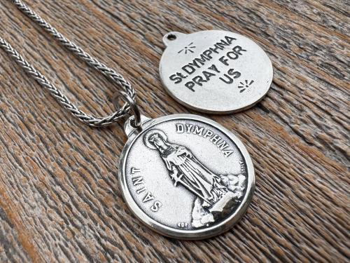 Shiny Oxidized Sterling Silver St. Dymphna Medallion, Antique Replica Medal Pendant, Saint of Anxiety, Mental Illness, Chain Necklace Option