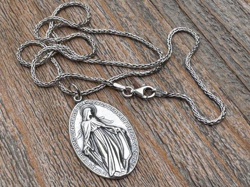 Large Shiny Oxidized .925 Sterling Silver Miraculous Medal Pendant, Antique Reproduction Unusual Oval Blessed Mother Medallion, Artist PY