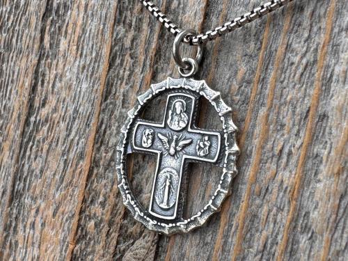 Sterling Silver Rare 5-Way Small Framed Oval, Antique Replica Cross Medal Scapular, Sacred Heart, Miraculous Medal, Holy Spirit, St Christop
