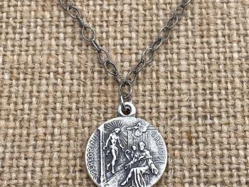 Sterling Silver St. Peregrine Laziosi (Patron Saint of Cancer Patients) Medal Necklace Reversible Sorrowful Mary Peregrinus Pellegrino