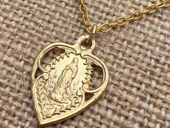 Gold Our Lady of Lourdes Heart Medal Pendant Necklace, Antique Replica of Lourdes Souvenir, Immaculate Conception, Blessed Virgin Mary Medal