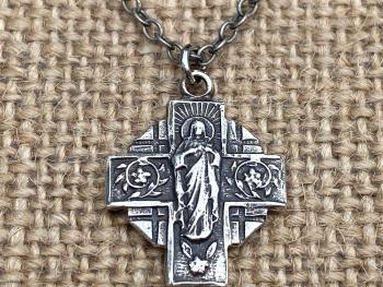 Sterling Silver Our Lady of Mount Carmel Medal Pendant Necklace, Antique Replica, Cross Pendant, Scapular Medal, Immaculate Heart of Mary