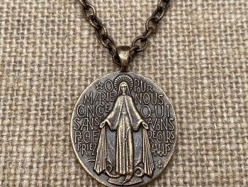 Bronze Large French Miraculous Medal Pendant, Antique Replica, Immaculate Conception Necklace, Our Lady of Miracles Medallion, MM1