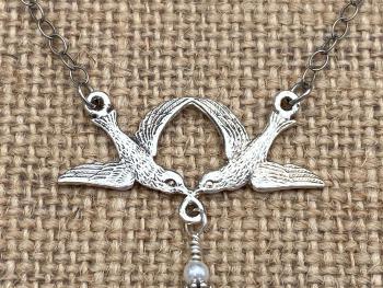 Sterling Silver Two Doves Pendant Necklace, Dangling Swarovski White Pearl, Wedding Necklace, Bridesmaid Gifts, Anniversary Gift, 2 Doves