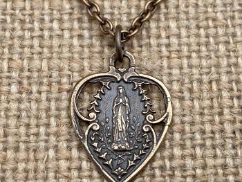 Bronze Our Lady of Lourdes Heart Medal Pendant Necklace, Antique Replica, Blessed Virgin Mary, Our Lady of Grace, Immaculate Conception