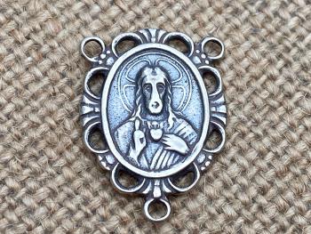 Sacred Heart of Jesus Antique Replica Rosary Center Centerpiece Sterling Silver Historical Reproduction DIY Rosary Parts Oval Large Big Gift