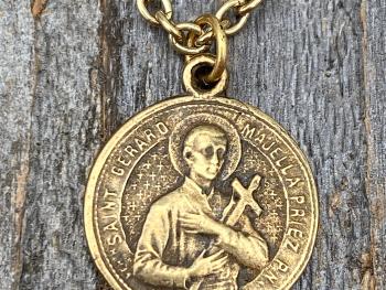 Antiqued Gold Saint Gerard Majella Medal Necklace, French artist Penin, Antique Replica, Patron Saint of Expectant Mothers, of Fertility