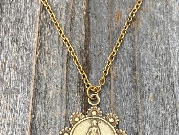 Antique Gold Our Lady of the Rosary Antique Replica Medal Pendant Necklace, Lourdes Virgin Mary, Blessed Mother, Our Lady of the Cape Shrine