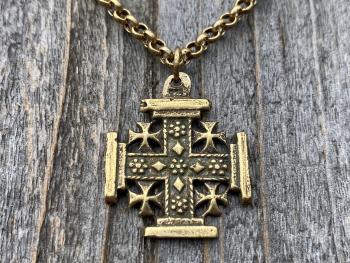 Antique Gold Jerusalem Cross, Five-Fold Medal Necklace, Crusader's Cross, Five Wounds of Christ Cross-and-Crosslets, Heraldic Holy Sepulchre