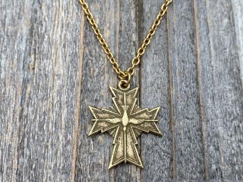 Antique Gold Holy Spirit Cross Pendant, Antique Replica, Chain Necklace, Oh Holy Ghost Protect Me, Holy Spirit Dove in center of cross