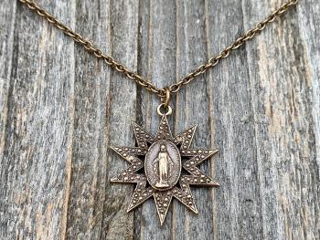 Bronze Sun Shaped Miraculous Medal Pendant Necklace, Antique Replica, Art Nouveau Miraculous Medal, Our Lady of Miracles Blessed Virgin Mary