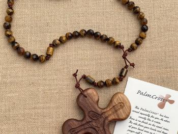 Large Walnut Palm Cross and Yellow Tigereye Gemstone Rosary,  Hand-carved byRon PalmCross Crucifix, Big Comfort Cross Rosary, Couples Rosary