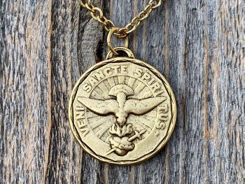 Large Antique Gold Plated Come Holy Spirit Medal Pendant Necklace, Latin Antique Replica, Veni Sancte Spiritus Medal, Sacred Heart of Jesus