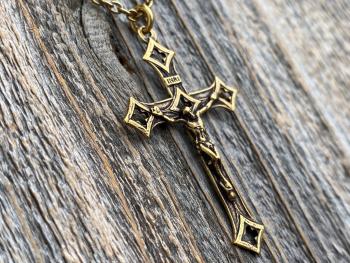 Antiqued Gold Baroque Crucifix, Antique Replica, From Rome Holy See, Pendant on Necklace, Large Crucifix Cross with Open Quattrefoil Ends