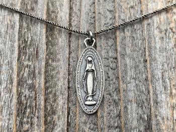 Sterling Silver Latin Miraculous Medal Pendant and Necklace, Antique Replica of French Miraculous Medallion, Elongated Oval Shaped Charm