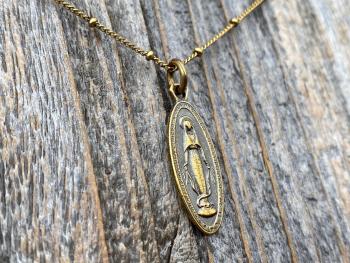 Antiqued Gold Latin Miraculous Medal Pendant and Necklace, Antique Replica of French Miraculous Medallion, Elongated Oval Shape Virgin Mary
