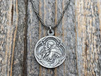 Sterling Silver St Anthony of Padua Medallion & Necklace, Antique Replica of Rare French Latin Medal, Two-Sided Pendant St Francis of Assisi