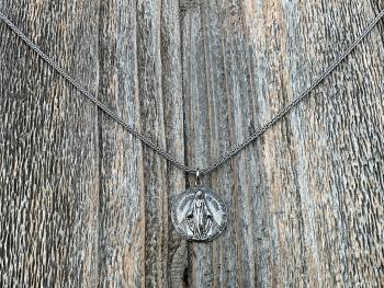 Sterling Silver Round Miraculous Medal Pendant Necklace, Antique Replica Circle Medallion, O Mary Conceived Without Sin Pray for Us, MM2