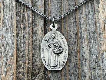 Sterling Silver Saint Martin of Porres Medallion Necklace, Antique Replica, Oval 2-sided Martinus de Porres & Queen of the Holy Rosary Medal