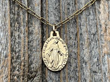 Gold Miraculous Medal Pendant Necklace, French Antique Replica Medallion, Signed by French Artist Ferdinand PY, Gold Bronze Our Lady Miracle