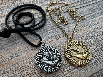 Large Come Holy Spirit Pendant, Antique Replica of Latin Veni Creator Spiritus Medallion, Come Creator Spirit, Holy Ghost Dove Round Medal