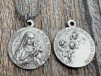Sterling Silver Rare St Thérèse of Lisieux Medal Necklace, French Antique Replica Sancta Teresia St Theresa of the Child Jesus Little Flower
