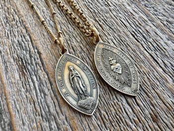Antique Gold Immaculate Conception & Sacred Heart of Jesus French Antique Replica Medallion, Our Lady of Lourdes, Signed Penin Lyon France