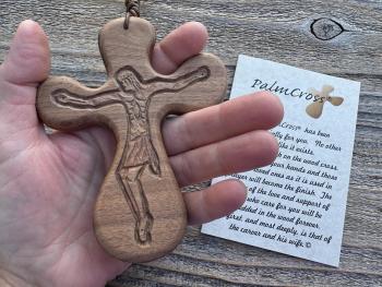 Walnut ByRon PalmCross with Engraved Crucified Christ, *Has TOP HOLE to add a cord*, Palm Comfort Cross, Hand Engraved and Artisan Handmade