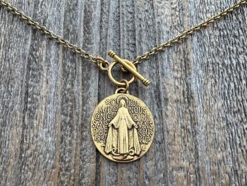 Antiqued Gold Large Miraculous Medal Front Toggle Clasp Necklace, Antique Reproduction Pendant, Signed by Balme, Medallion from France MM1