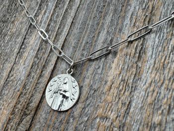 Fertility Saint Colette of Corbie Shiny Sterling Silver Medallion Pendant, Antique Replica French Artist Tricard, Saint of Expectant Mothers