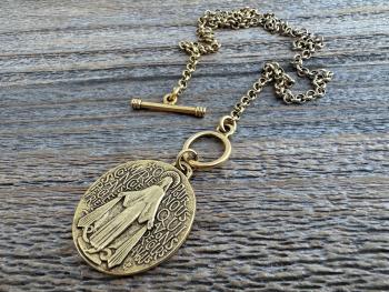 Antiqued Gold Large Miraculous Medal Front Toggle Clasp Necklace, Antique Reproduction Pendant, Signed by Balme, Medallion from France MM1
