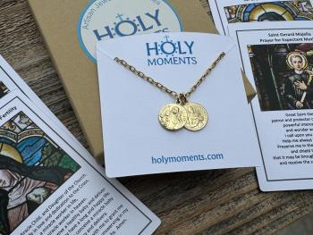 Gold St Gerard & St Colette Cluster Necklace, Patron Saints of Fertility and Expectant Mothers, Antique Replicas of French Medals Pendants