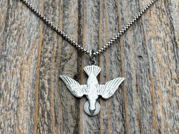 Sterling Silver Holy Spirit Dove Necklace, Descending Dove Pendant, Antique Replica Holy Ghost Pendant, Reproduction of French Antique Piece