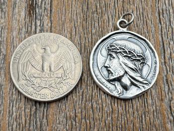 Sterling Silver Jesus Christ Pendant Medallion, Our Lord with Crown of Thorns, French Antique Replica Medal, Artists Augis & Mazzoni France