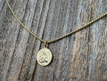 Gold St Gerard Majella Medal on Box Chain Necklace, French Antique Reproduction, Patron Saint of Expectant Mothers and Saint of Fertility