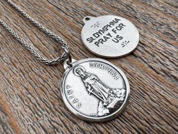 Shiny Oxidized Sterling Silver St. Dymphna Medallion, Antique Replica Medal Pendant, Saint of Anxiety, Mental Illness, Chain Necklace Option