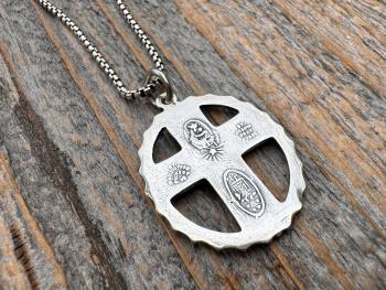 Sterling Silver Rare 5-Way Small Framed Oval, Antique Replica Cross Medal Scapular, Sacred Heart, Miraculous Medal, Holy Spirit, St Christop