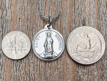 Shiny Oxidized Sterling Silver St. Dymphna Medallion, Antique Replica Medal Pendant, Saint of Anxiety, Mental Illness, Chain Necklace Option