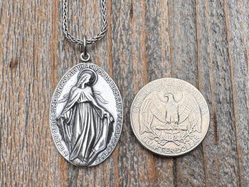 Large Shiny Oxidized .925 Sterling Silver Miraculous Medal Pendant, Antique Reproduction Unusual Oval Blessed Mother Medallion, Artist PY