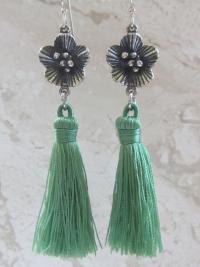 Sterling Silver Flower with Tassels Earrings, Hot Pink or Green Silky Fringe, Eye Catching, Lightweight, French Hooks, Nylon Dangling Tassel