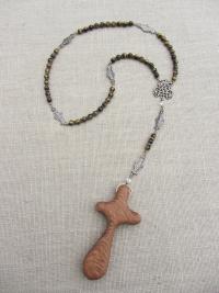 Comfort Cross Rosary, Australian Lacewood Palm Cross, Yellow Tigereye Gemstones, Ave Maria Bronze Center, Bronze Miraculous Medal Mary Beads