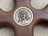 Walnut ByRon PalmCross with Face of Christ Medallion Bronze Antique Replica & Yellow Tigereye Gemstone Rosary Palm Comfort Cross Wall Rosary