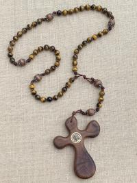 Walnut ByRon PalmCross with Face of Christ Medallion Bronze Antique Replica & Yellow Tigereye Gemstone Rosary Palm Comfort Cross Wall Rosary