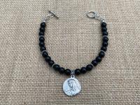 Sterling Silver St. Peregrine Laziosi Medal Charm, Black Obsidian Gemstone Bracelet, Patron Saint of Cancer, Saint Pellegrino St. Peregrinus