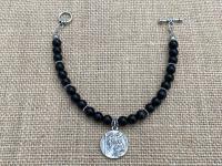 Sterling Silver St. Peregrine Laziosi Medal Charm, Black Obsidian Gemstone Bracelet, Patron Saint of Cancer, Saint Pellegrino St. Peregrinus