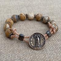 Bronze Our Lady of Guadalupe Bracelet, Leather Rosary Bracelet, Picture Jasper Gemstones, Antique Replica Medal, Nuestra Señora de Guadalupe