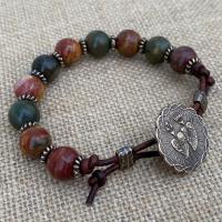 Bronze Sacred Heart of Jesus and Immaculate Heart of Mary & Leather Rosary Bracelet with Cherry Creek Jasper Gemstones and Button Closure