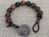 Bronze Sacred Heart of Jesus and Immaculate Heart of Mary & Leather Rosary Bracelet with Cherry Creek Jasper Gemstones and Button Closure