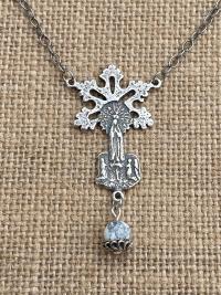 Sterling Silver Our Lady of Fatima Pendant Necklace, Antique Replica, Dangling White Howlite Gemstone, Blessed Virgin Mary Medal, Artisan