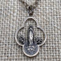 Bronze Our Lady of Lourdes Pendant Necklace, French Antique Replica, Mary Medal, Immaculate Conception, Saint Bernadette, Quatrefoil Shape